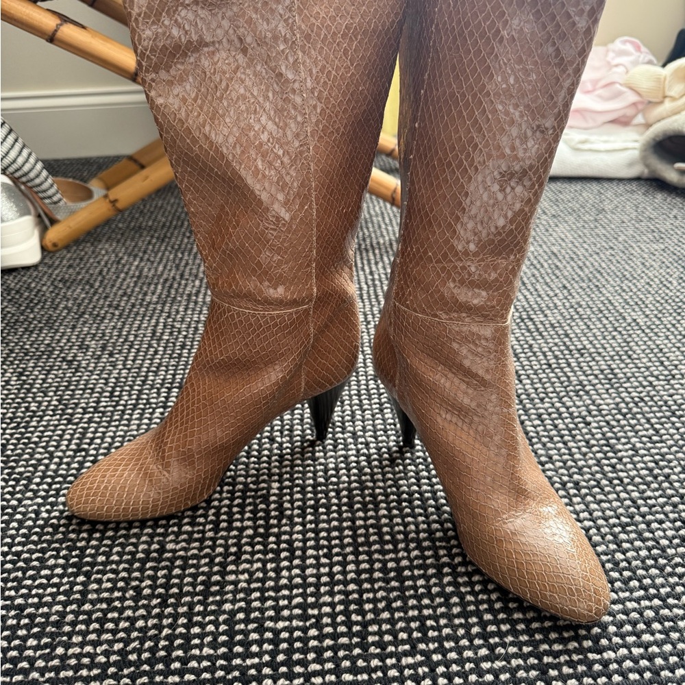 Loeffler Randall Tan Snakeskin Leather Heeled Boots Size 8.5